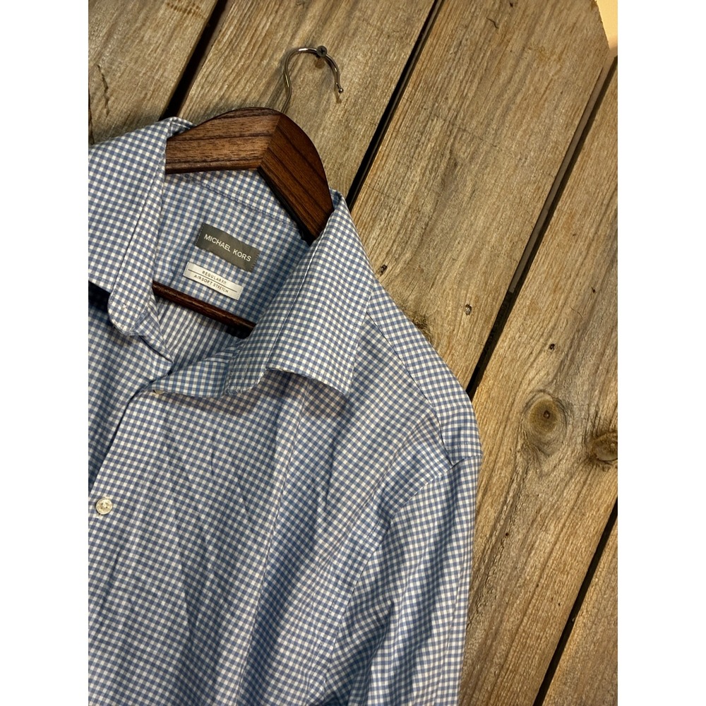 Michael Kors Mens Blue Gingham Airsoft Stretch Non Iron Dress Shirt 17.5 34/35
